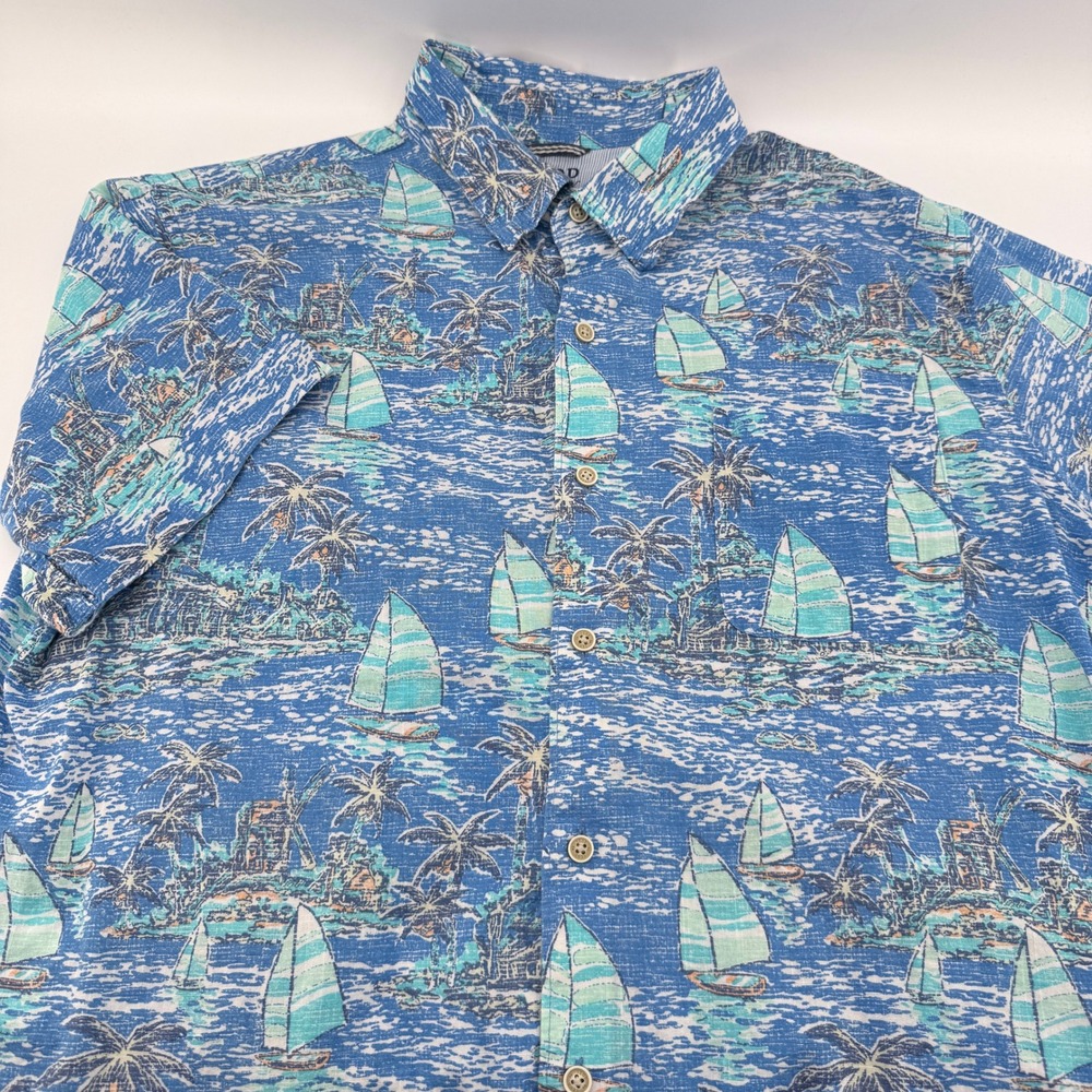 IZOD Saltwater Button Down Shirt Men XL Blue Tropical Nautical Sailboat Palm